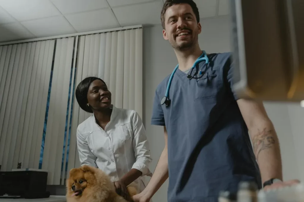 A friendly veterinarian in a white coat smiling warmly while holding a dog and a cat at a modern pet hospital